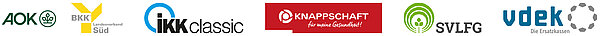 Logos der Krankenkassen: AOK, BKK Landesverband Süd, iKK classic, KNAPPSCHAFT für meine Gesundheit!, SVLFG, vdek Die Ersatzkassen 